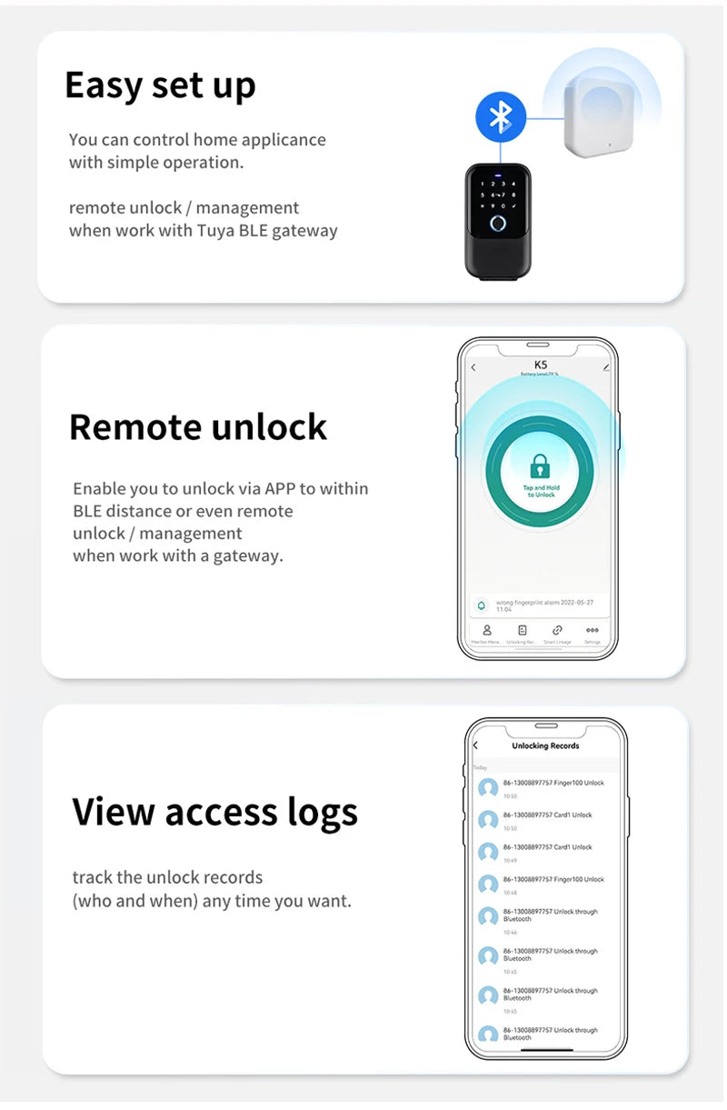 Black smart lock with keypad and Bluetooth gateway, shown with mobile app interface for remote unlock and access logs.