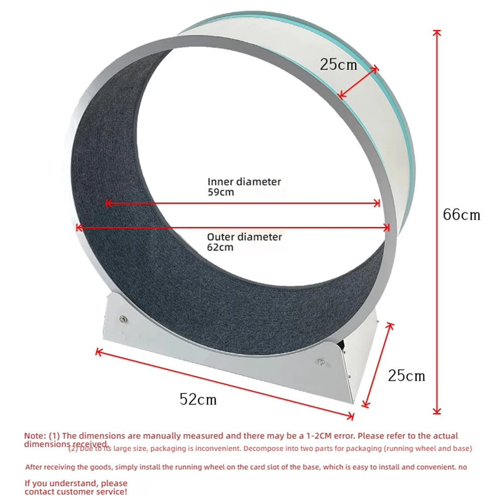 White and grey interactive pet exercise wheel with a felt running surface and sturdy base, featuring size dimensions.