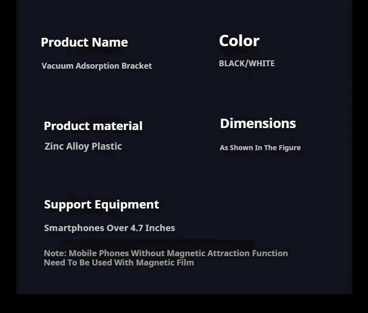 Product spec sheet for a black or white zinc alloy vacuum adsorption smartphone bracket for phones over 4.7 inches.