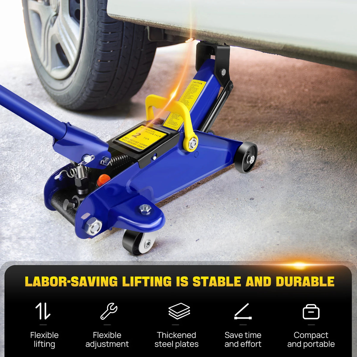 Blue hydraulic steel floor trolley jack lifting a car by the frame with wheels and a yellow handle.