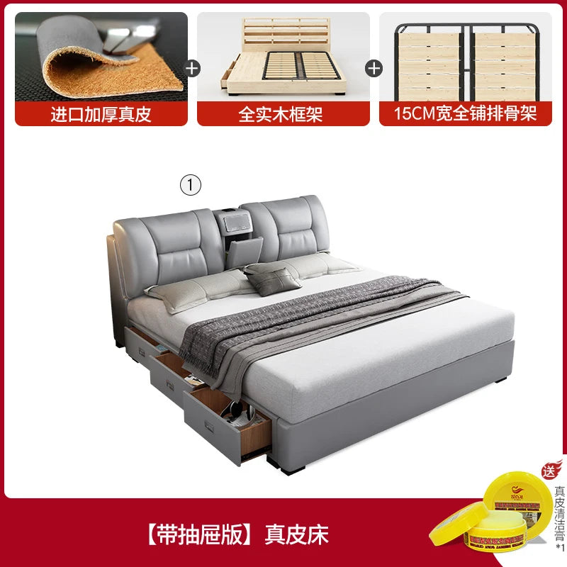 Grey upholstered king-size bed with a tufted headboard, integrated storage drawers, and solid wood frame construction.