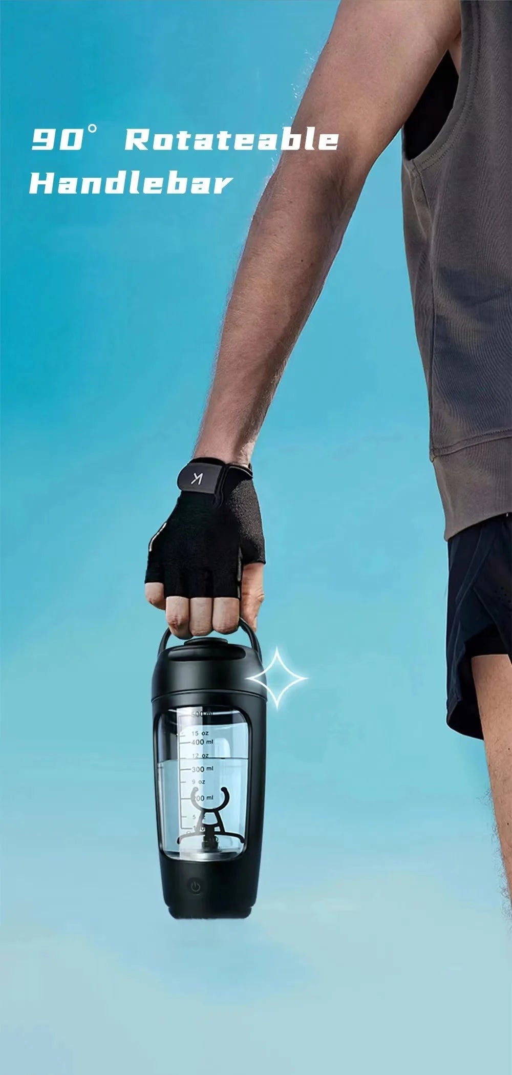 A person in fitness gear holds a sleek, black electric shaker bottle with a 90-degree rotating handle.