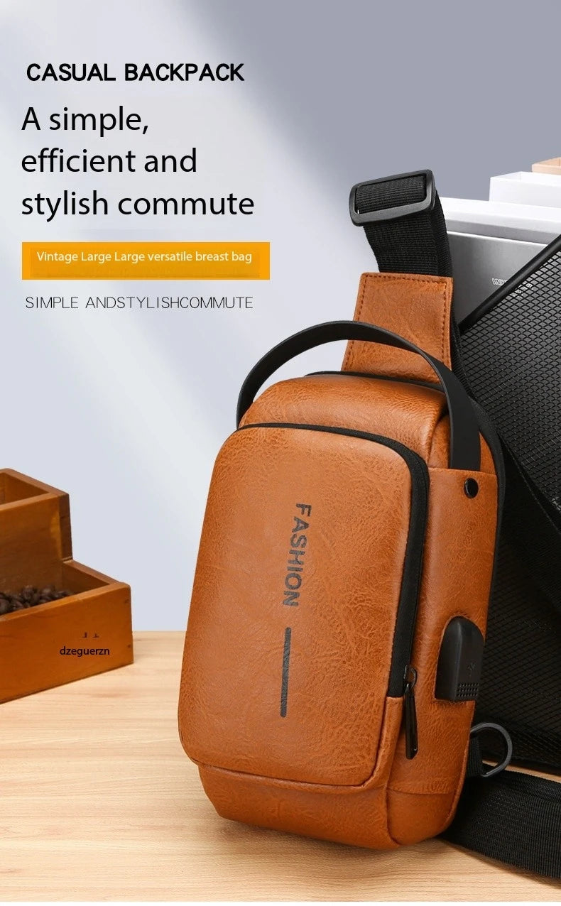 Tan faux-leather crossbody sling bag featuring a built-in USB charging port and secure zip closure.