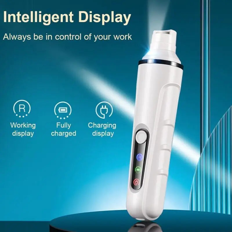 White electric pet nail grinder with LED light, featuring a digital display for charging and battery status.