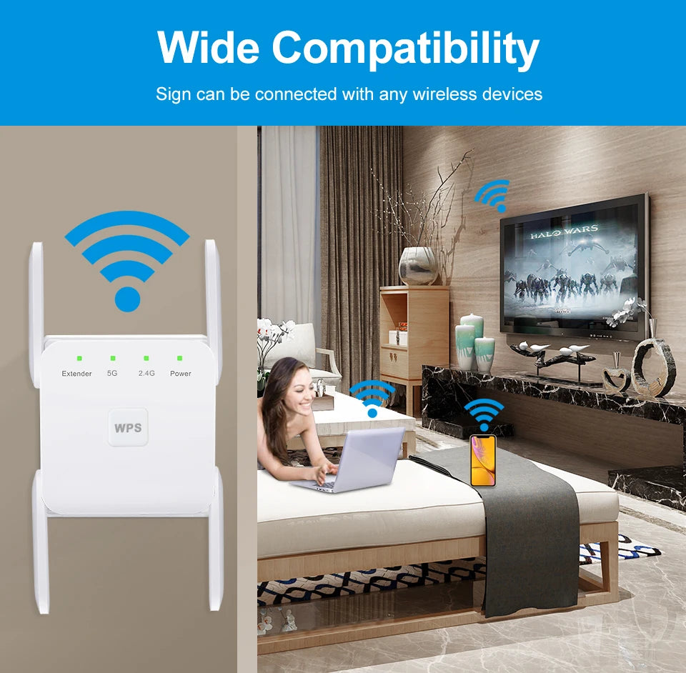 White dual-band WiFi repeater with four antennas, status LEDs and a central WPS button in a living room setting.