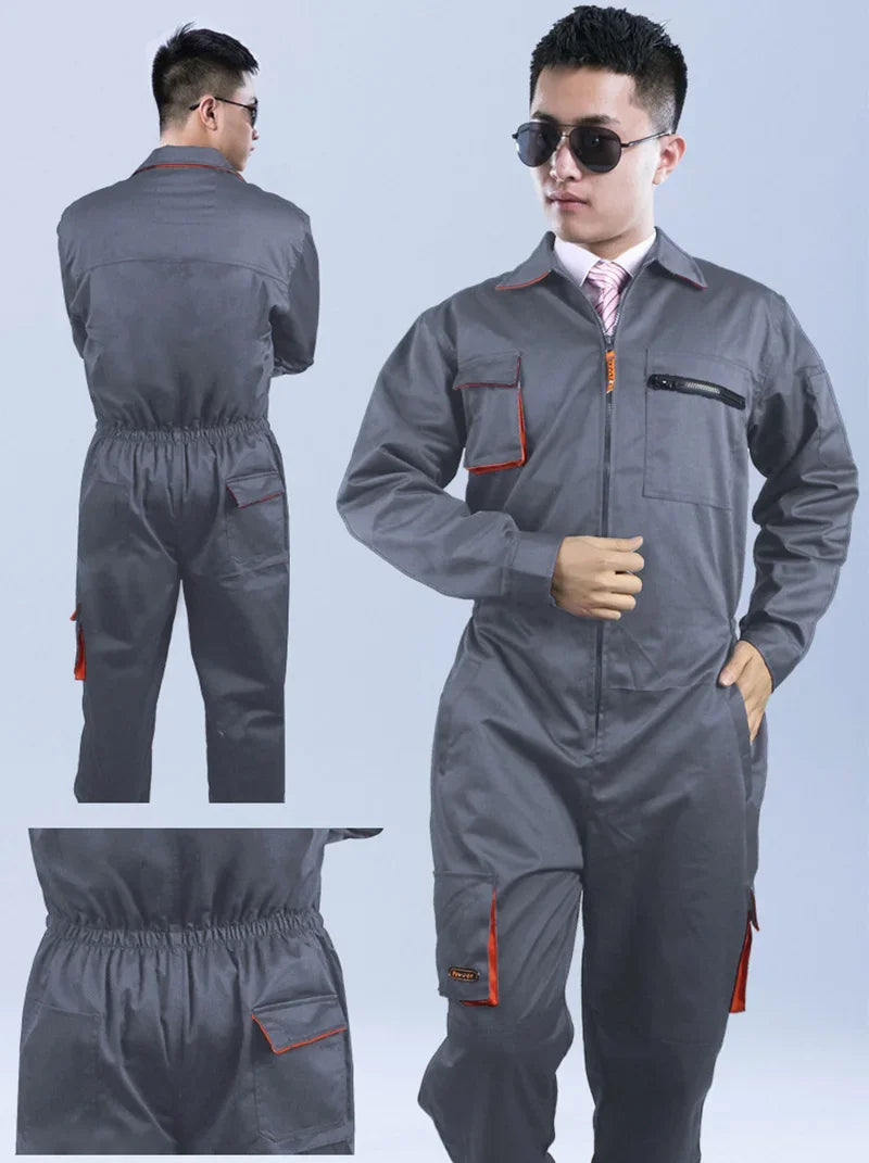 Grey cotton blend coveralls with zip front, multiple utility pockets, and orange trim details.