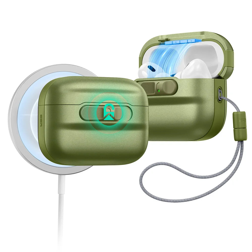 Olive green protective AirPods Pro case with locking mechanism, wrist lanyard, and MagSafe wireless charging.