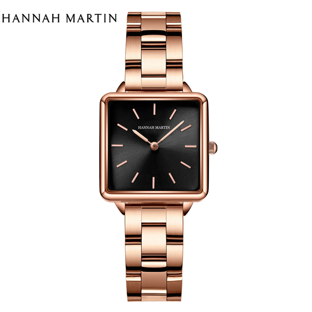 Rose gold stainless steel women's watch with square black dial and link bracelet.