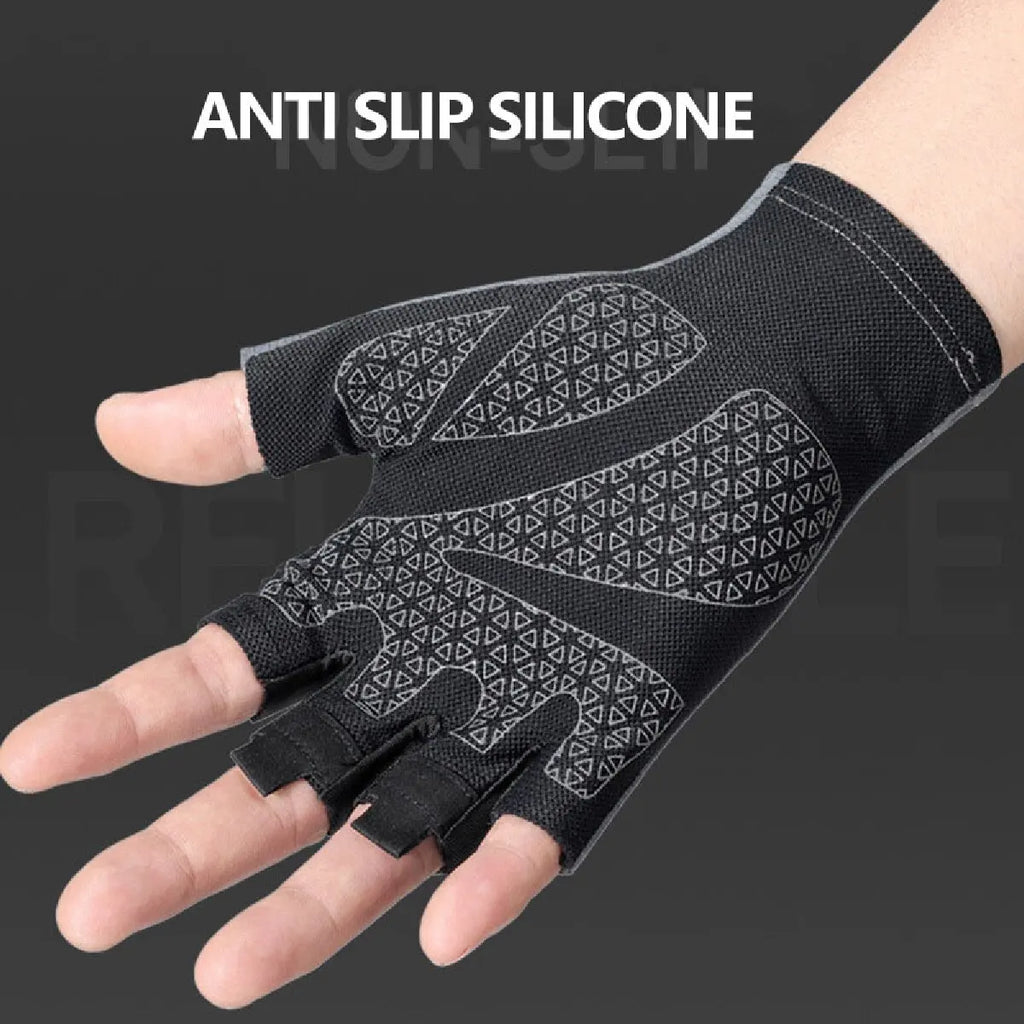 Black fingerless fitness glove with a grey geometric anti-slip silicone grip pattern on the palm.
