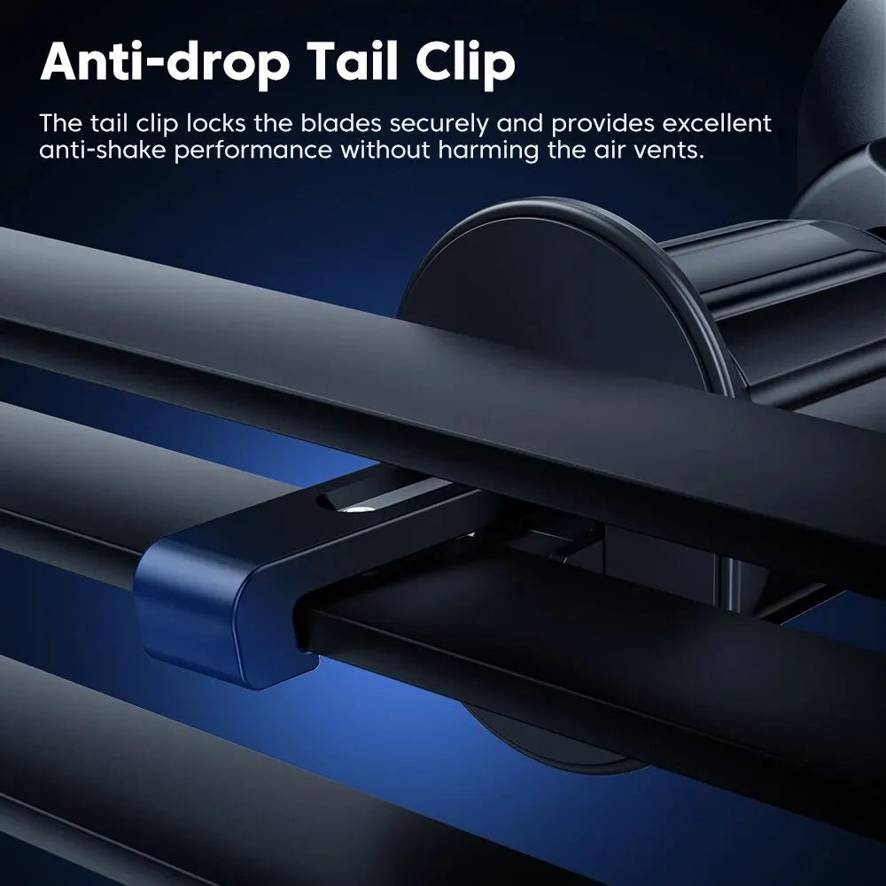 Black car air vent phone mount with a secure, minimalist anti-drop clip design against a dark blue background.
