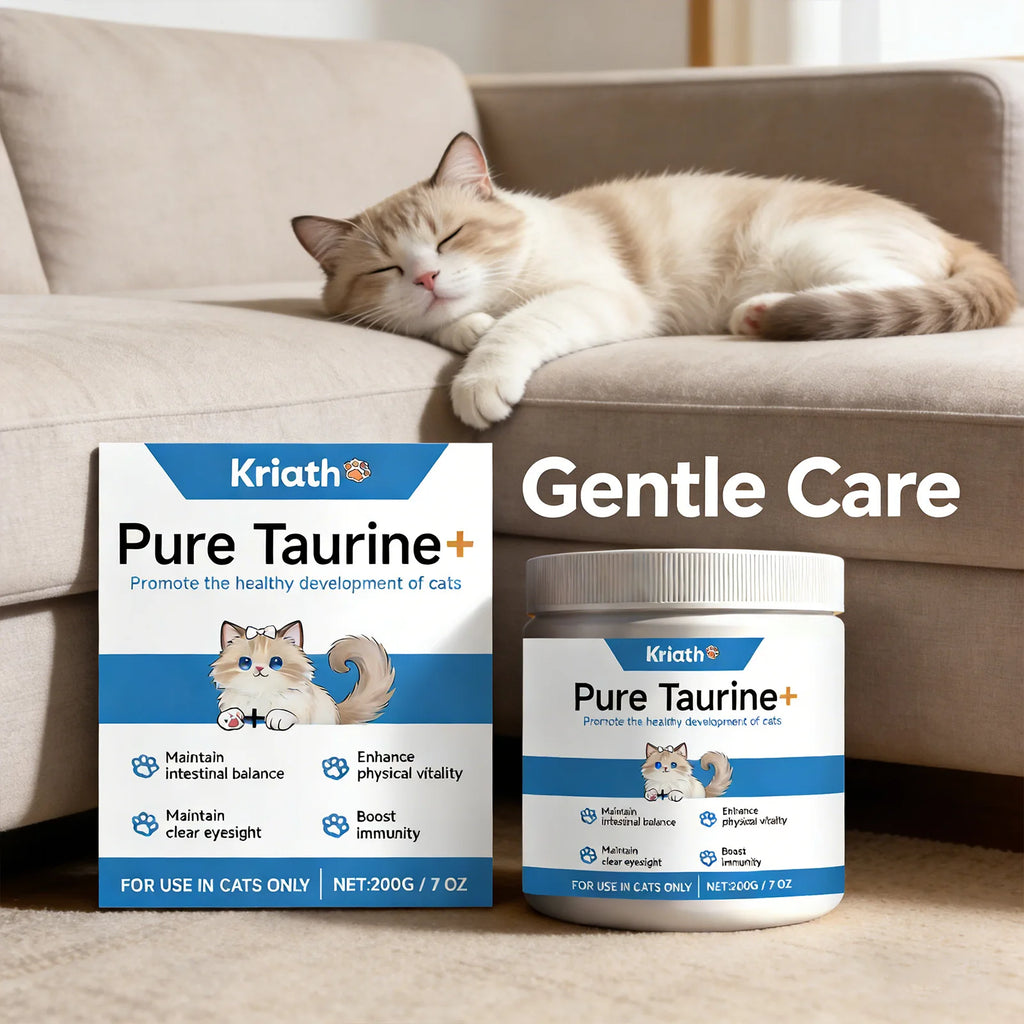 Cat taurine supplement container and box, white with blue branding, promoting cat health, immunity, and eye care.