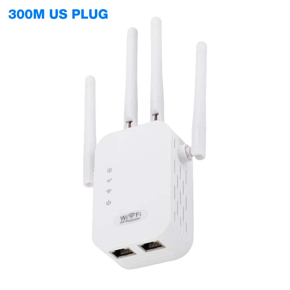 Compact white WiFi repeater with four external antennas, LED status lights, and dual Ethernet ports at the base.