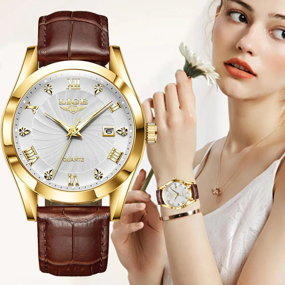 Elegant women’s quartz watch with a gold-tone case, white patterned dial, and a brown leather crocodile-effect strap.