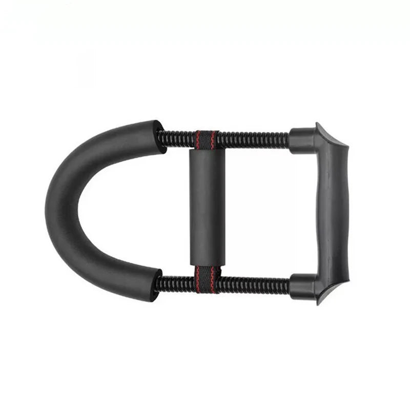 Black hand grip strengthener with two metal springs and padded foam handles.