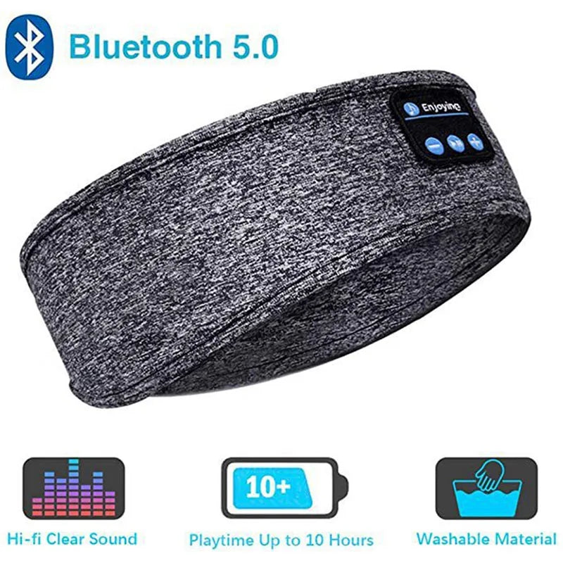 Grey heathered Bluetooth music headband and sleep eye mask with built-in control panel for hi-fi sound and long battery.