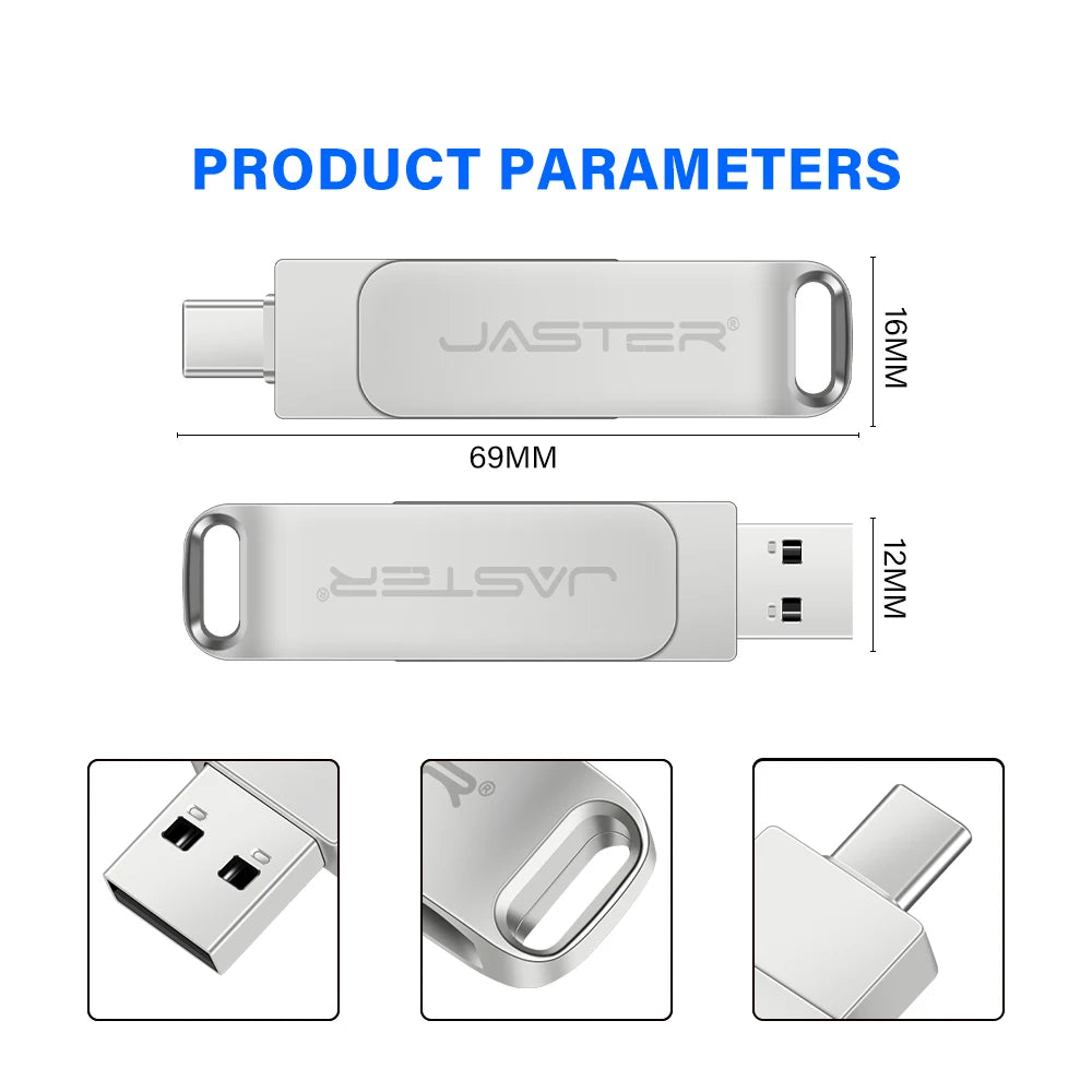 Silver 2-in-1 metal flash drive with a swivel design, featuring both USB-C and USB 2.0 connectors and a lanyard loop.