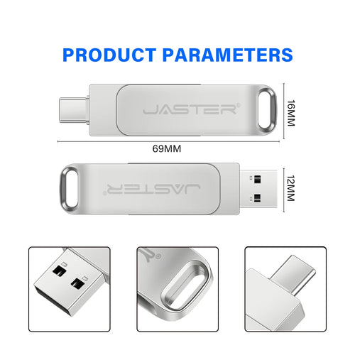 Silver 2-in-1 metal flash drive with a swivel design, featuring both USB-C and USB 2.0 connectors and a lanyard loop.