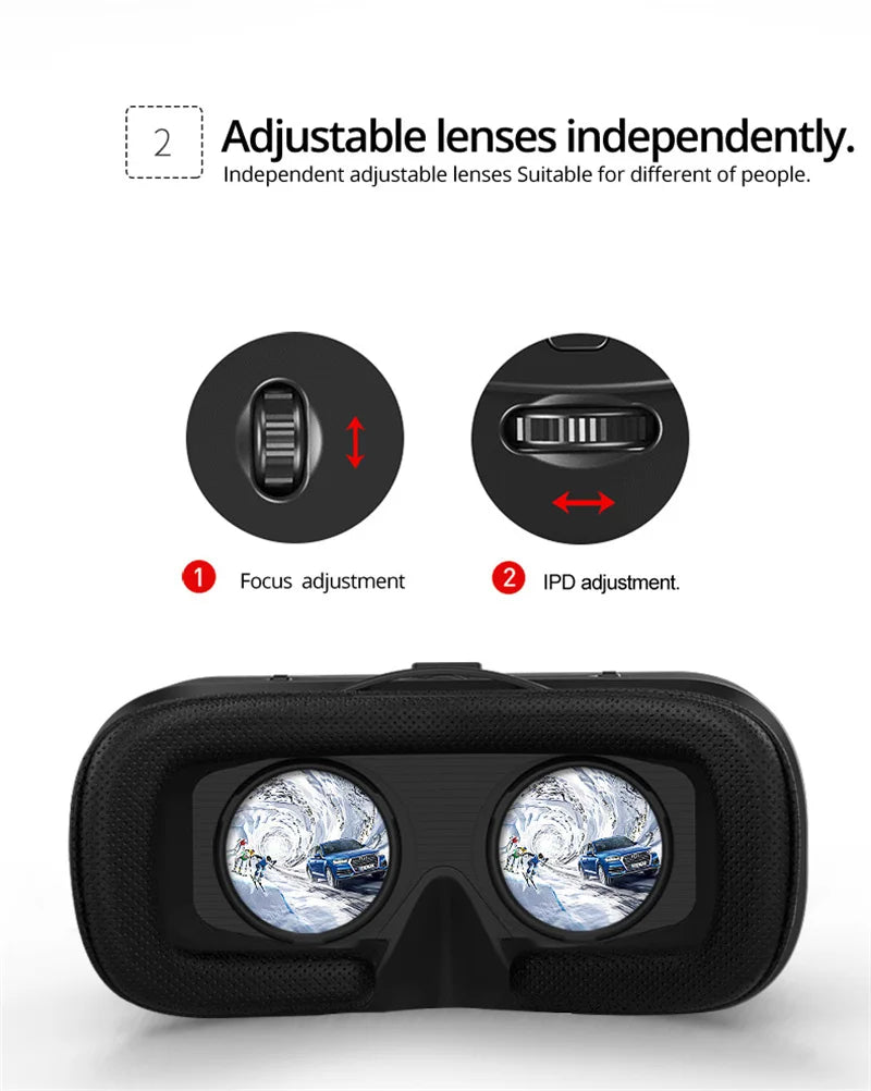Black VR headset with comfortable padding, showing focus and IPD lens adjustment dials for a custom visual experience.