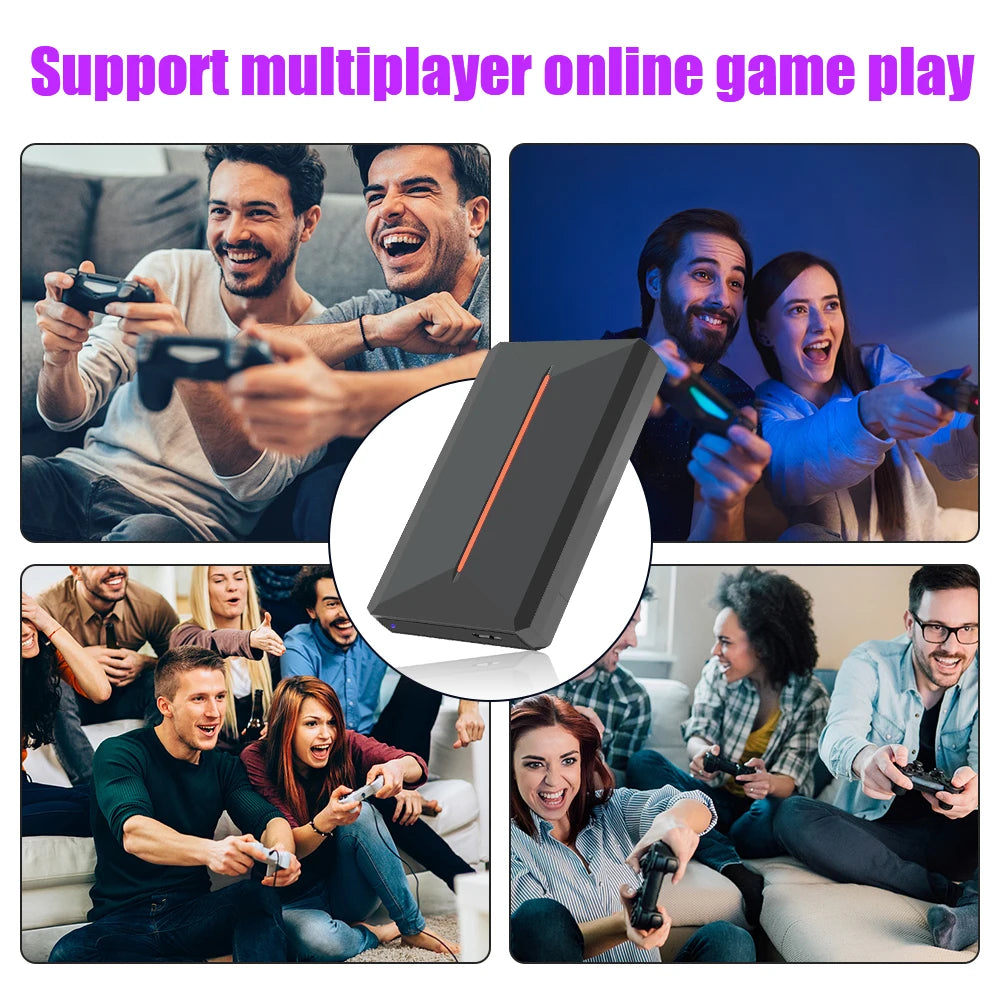 Black rectangular 500GB external hard drive with a vertical orange light stripe, surrounded by photos of people playing games.