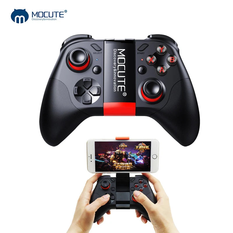 Black and red wireless smartphone game controller with an integrated phone mount and familiar gaming button layout.