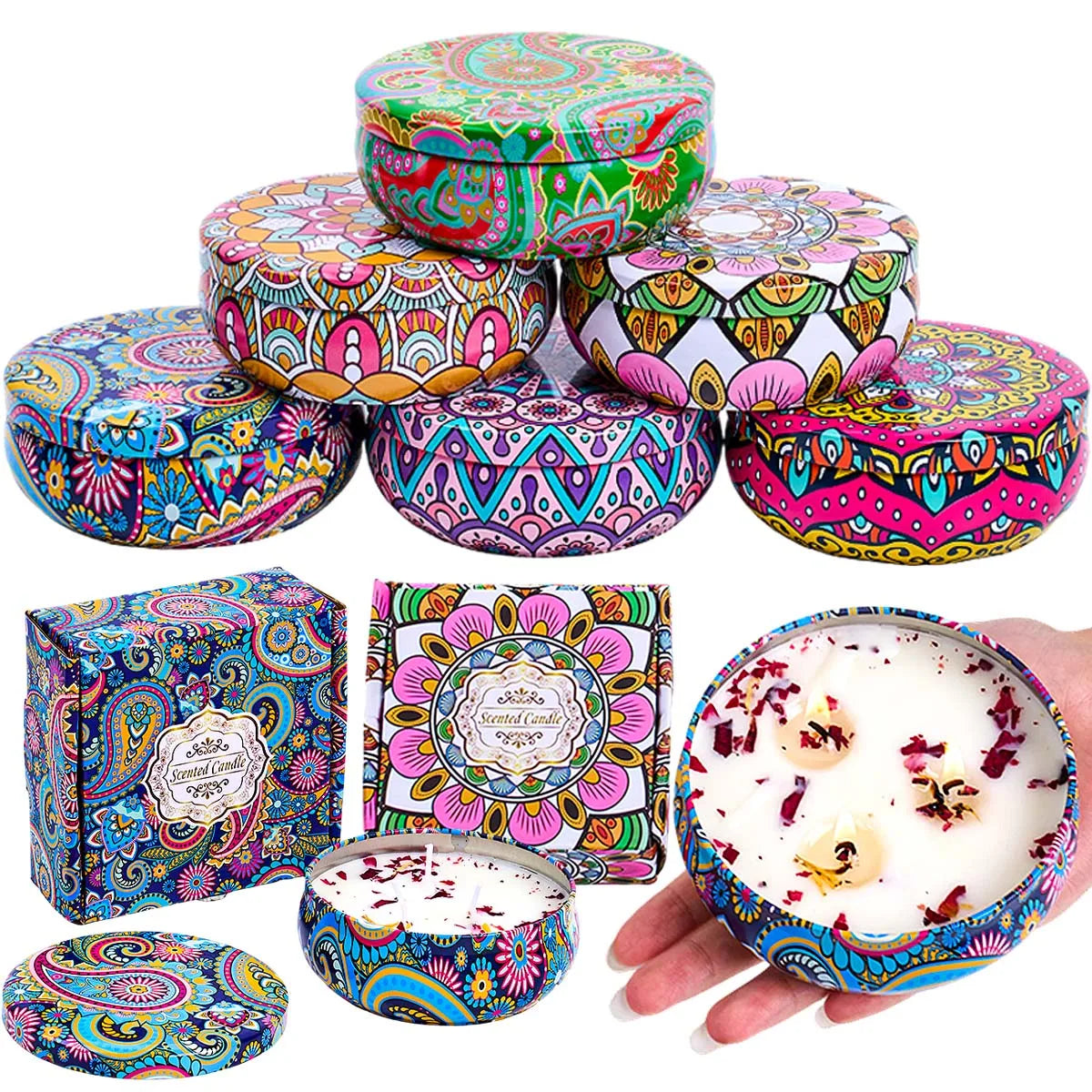 Set of colourful, patterned metal tins containing scented candles with dried floral petals, shown with matching gift boxes.