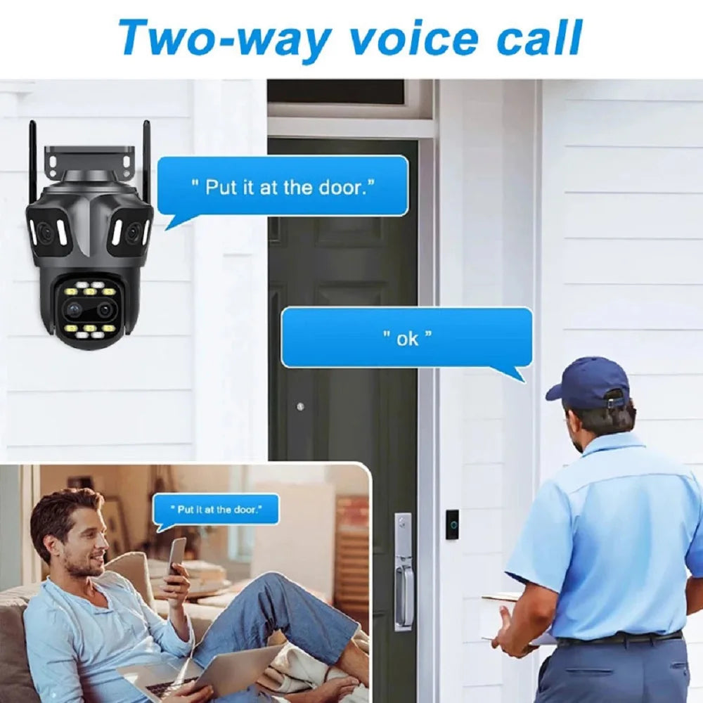 Black quad-lens outdoor WiFi security camera with two-way audio, human detection, and integrated floodlight.