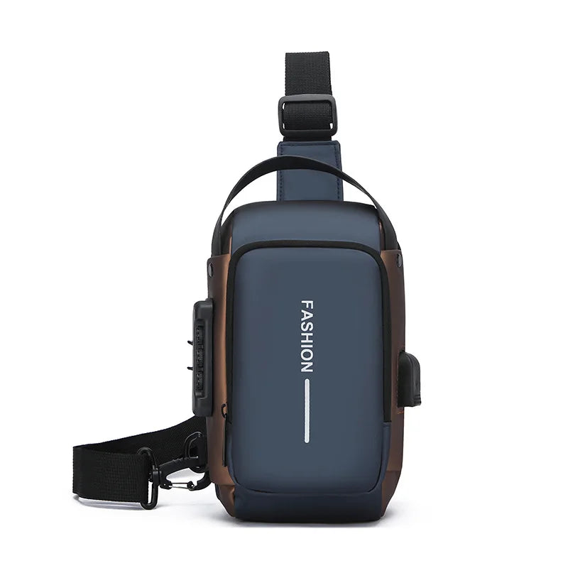 Blue and bronze men’s anti-theft sling bag with a secure combination lock, adjustable strap, and side charging port.
