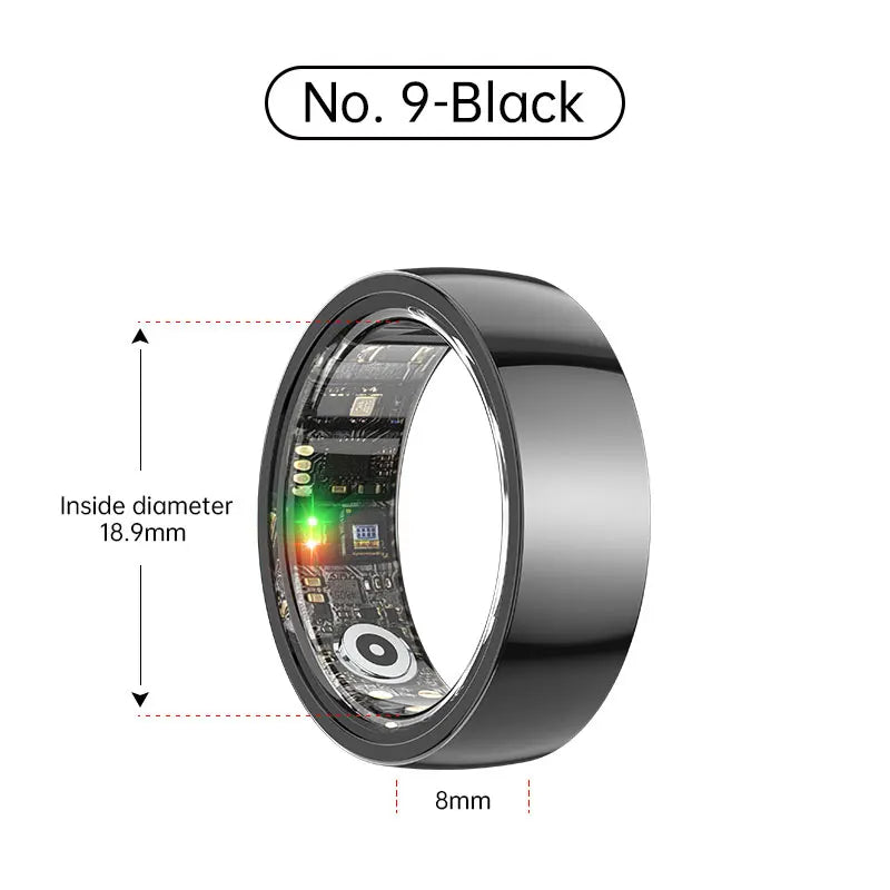 Sleek black smart fitness and sleep tracking ring, showing internal sensor electronics and an 18.9mm inside diameter.