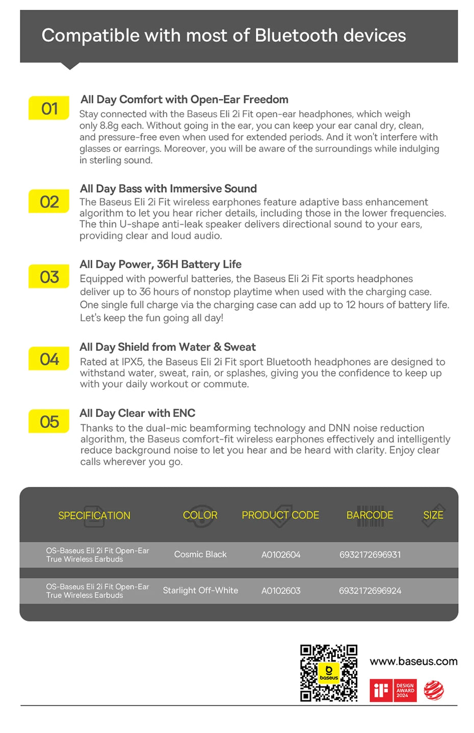 Infographic showing features of open-ear wireless headphones available in cosmic black and starlight off-white.