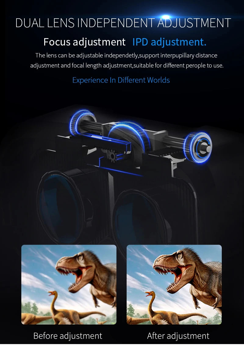 Black VR headset featuring adjustable dual lenses for focus and interpupillary distance, shown with before/after imagery.