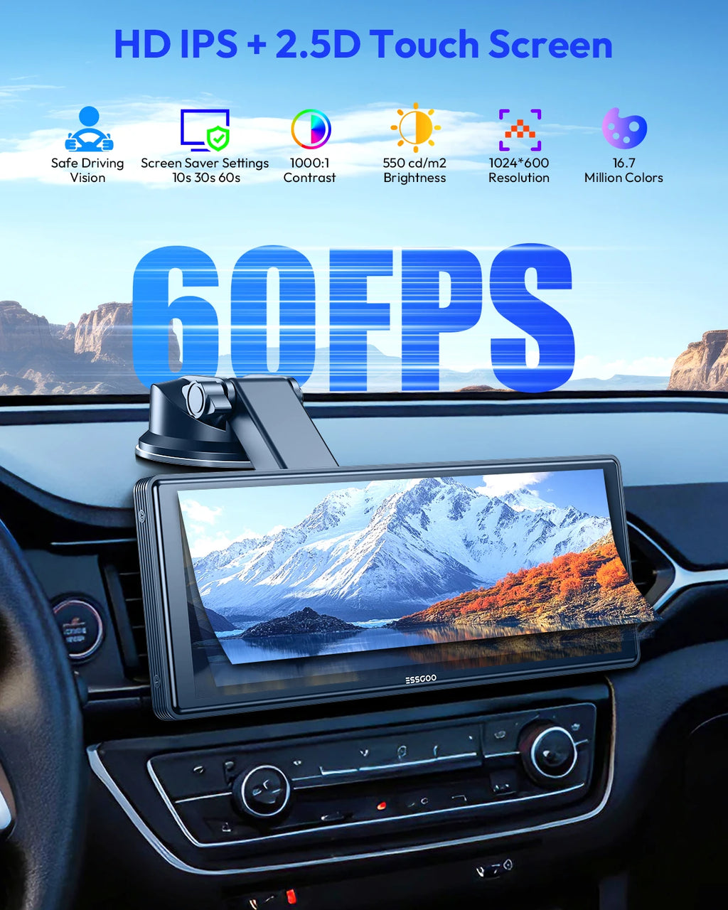 ESSGOO black 10.26-inch portable touchscreen car stereo mounted on a car dashboard displaying a mountain scene.