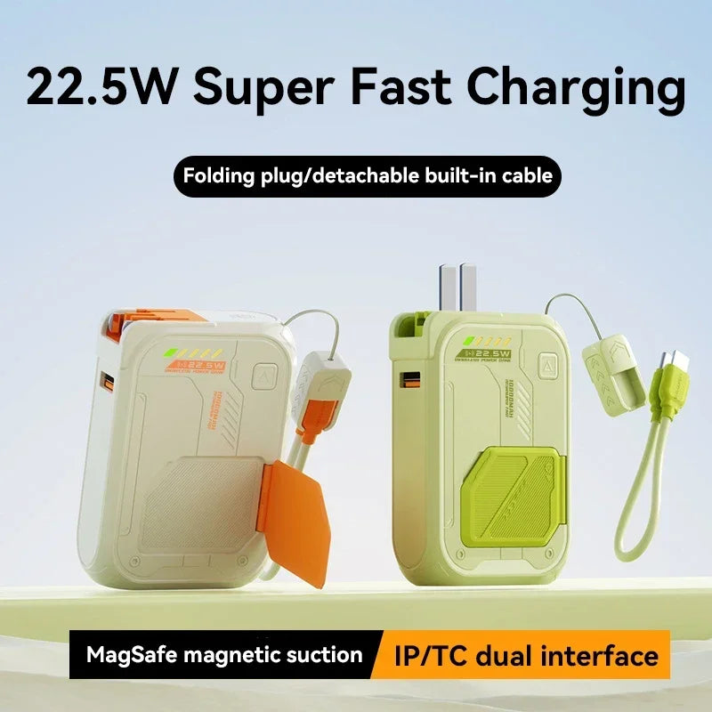 Two 10000mAh magnetic power banks in white/orange and green with integrated fold-out stands and built-in cables.