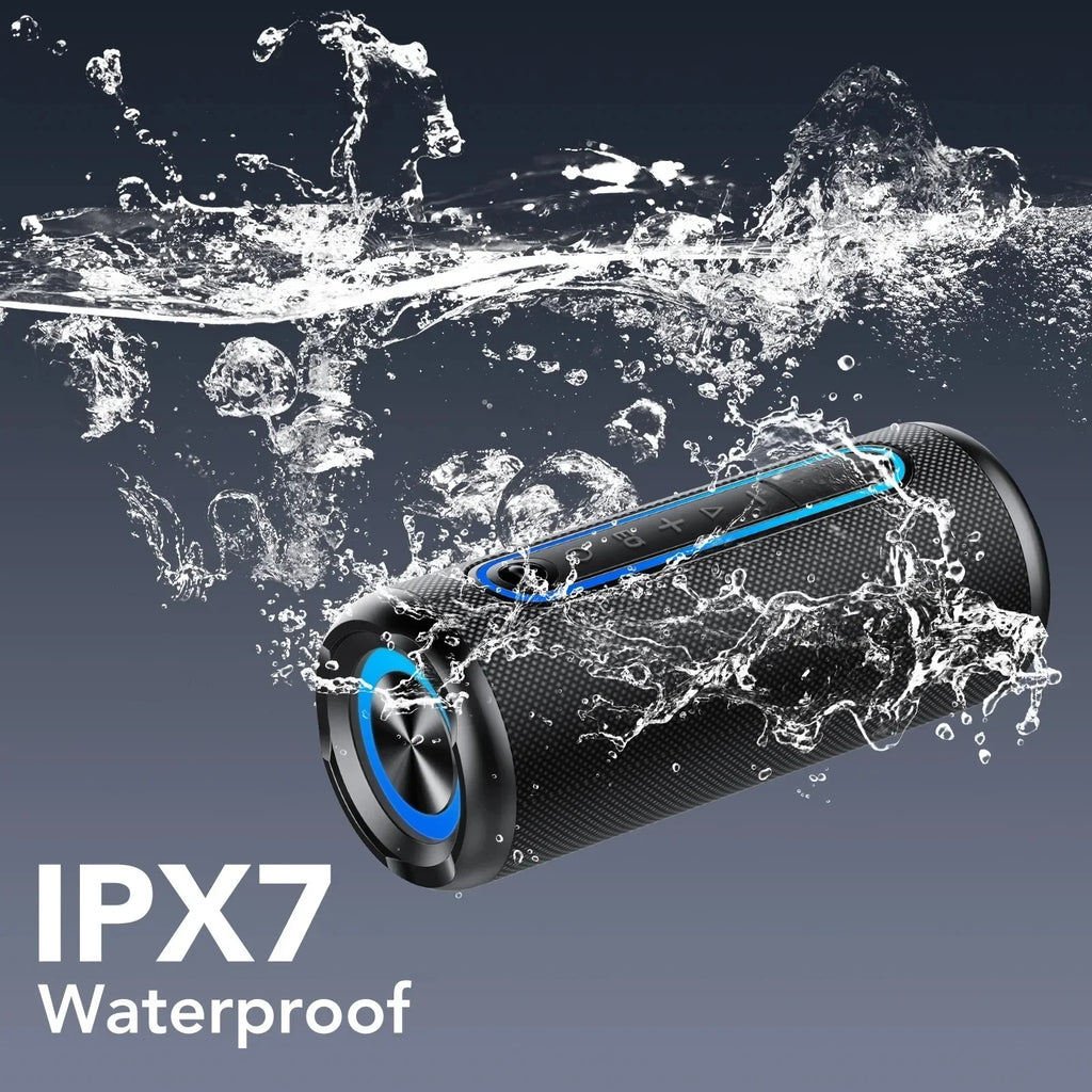 Black portable Bluetooth speaker with blue LED light accents, submerged in water to show IPX7 waterproof design.