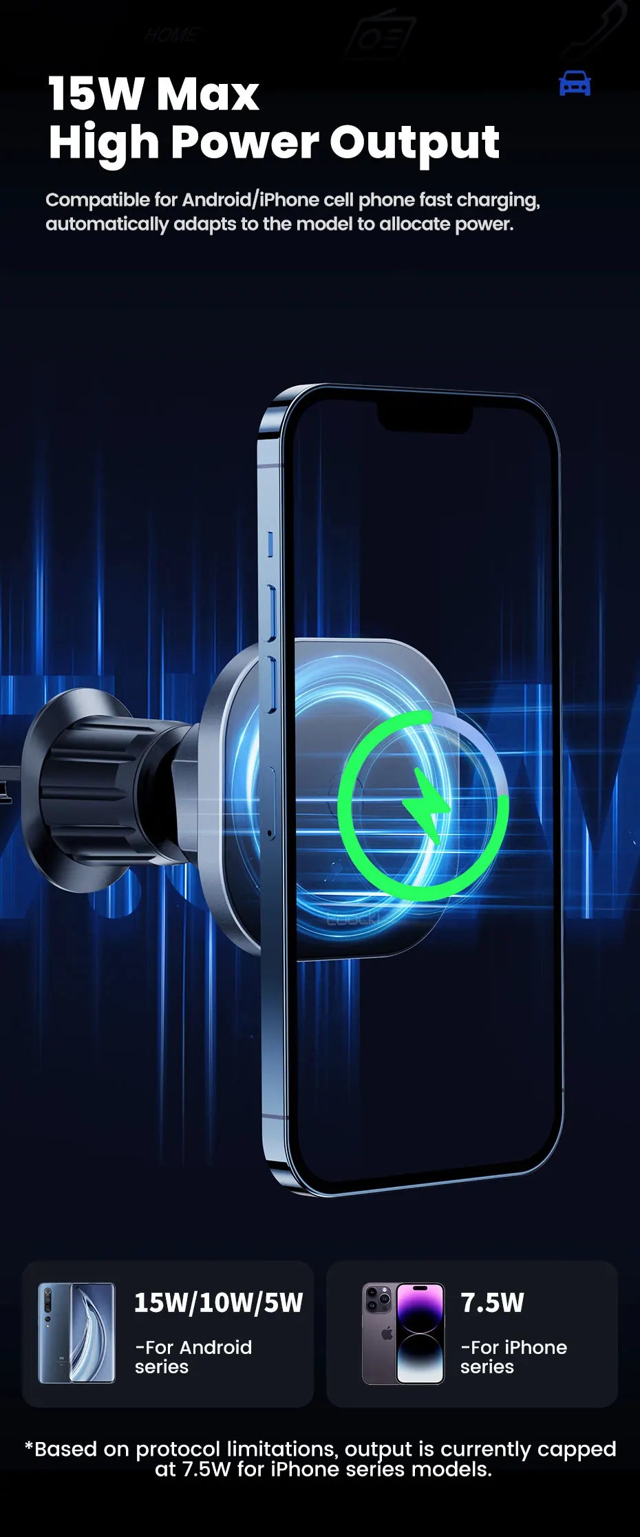 Magnetic car phone mount with 15W wireless charging, sleek dark grey finish, and glowing green charging indicator.