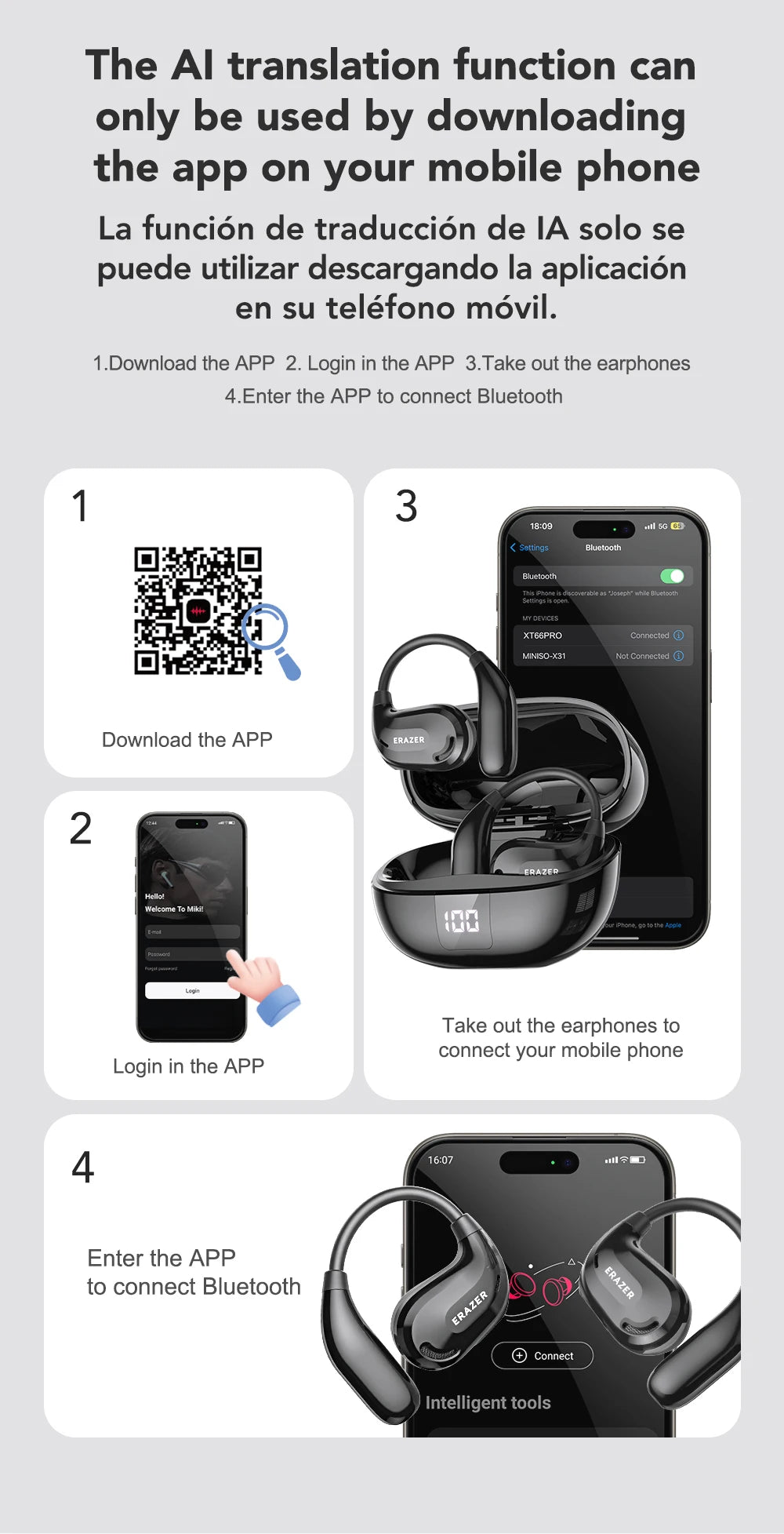 Infographic showing a 4-step guide to connecting black, open-ear Bluetooth wireless headphones via a mobile app.