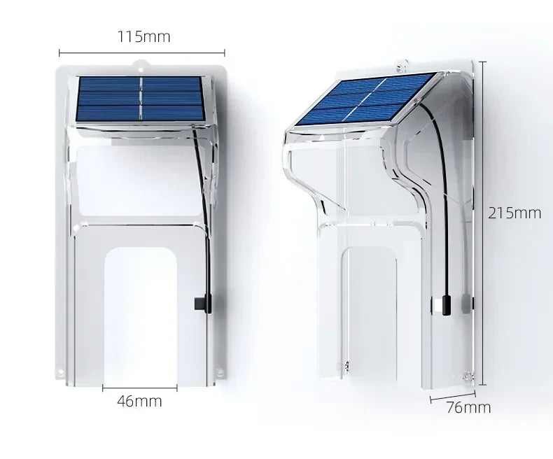 Clear protective cover for a video doorbell with an integrated blue solar panel, shown from front and side angles.