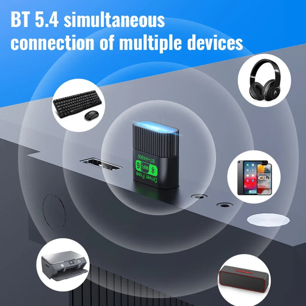 Black compact USB wireless network adapter with blue light, supporting WiFi 6 and Bluetooth 5.4 for multiple devices.