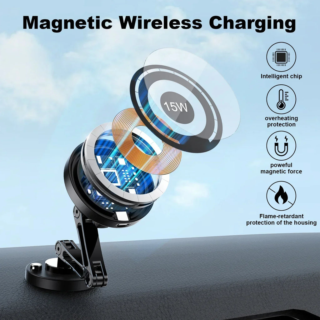 Black magnetic wireless car charger with an adjustable arm, showing internal 15W coil and safety feature icons.