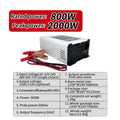 White pure sine wave power inverter with red and black battery cables, displaying power specifications and output table.