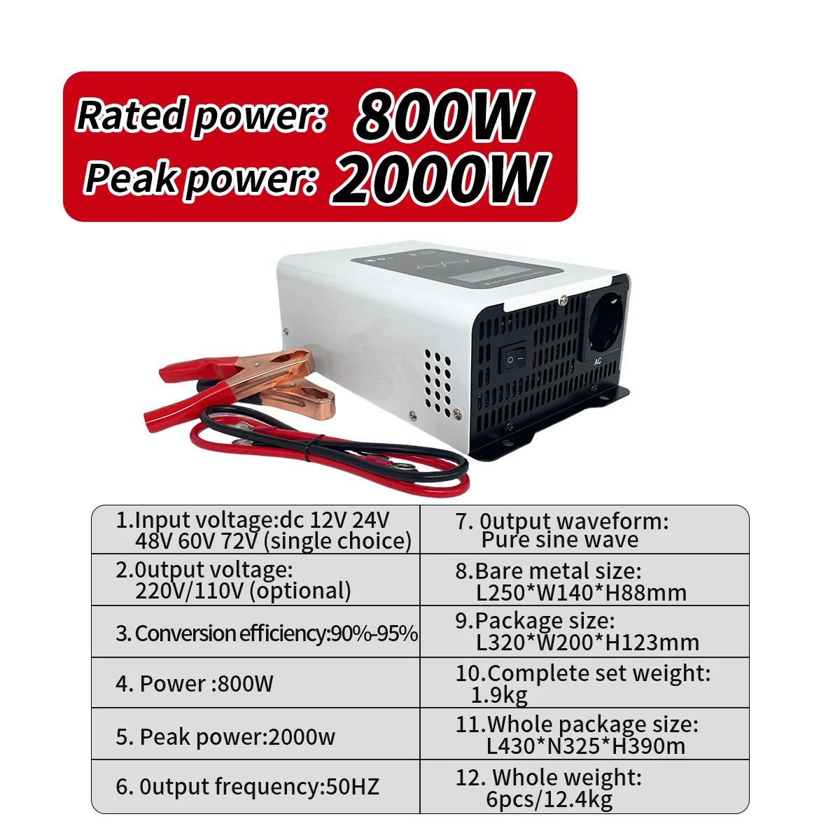 White pure sine wave power inverter with red and black battery cables, displaying power specifications and output table.