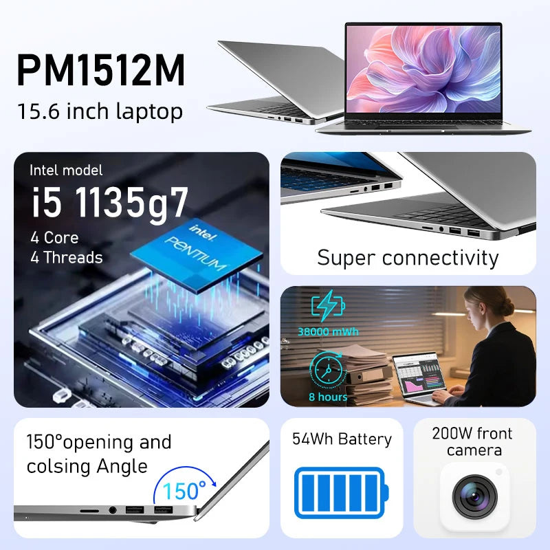 Sleek silver 15.6-inch laptop with FHD display, German keyboard, 150-degree hinge, and long-lasting battery.