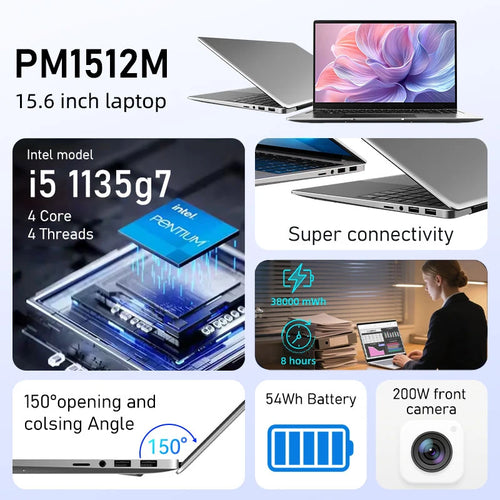 Sleek silver 15.6-inch laptop with FHD display, German keyboard, 150-degree hinge, and long-lasting battery.
