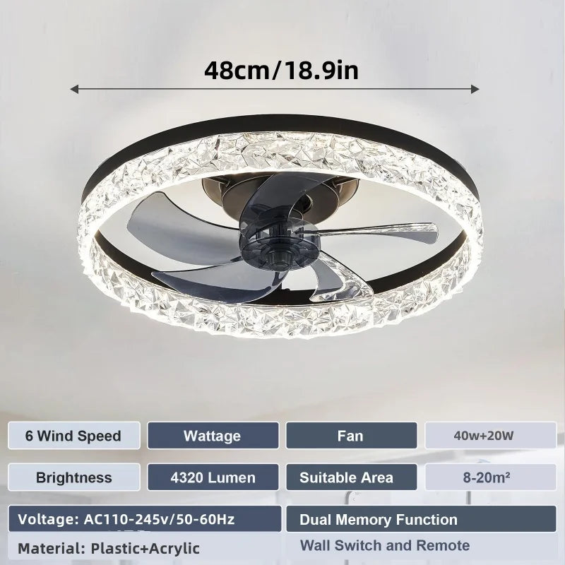 18.9in smart LED ceiling fan in black with a faceted crystal-effect rim, central blades, and remote control features.