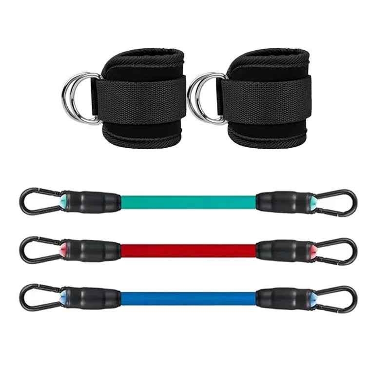 Pair of black padded ankle straps with D-rings and three colourful resistance bands with metal clips.