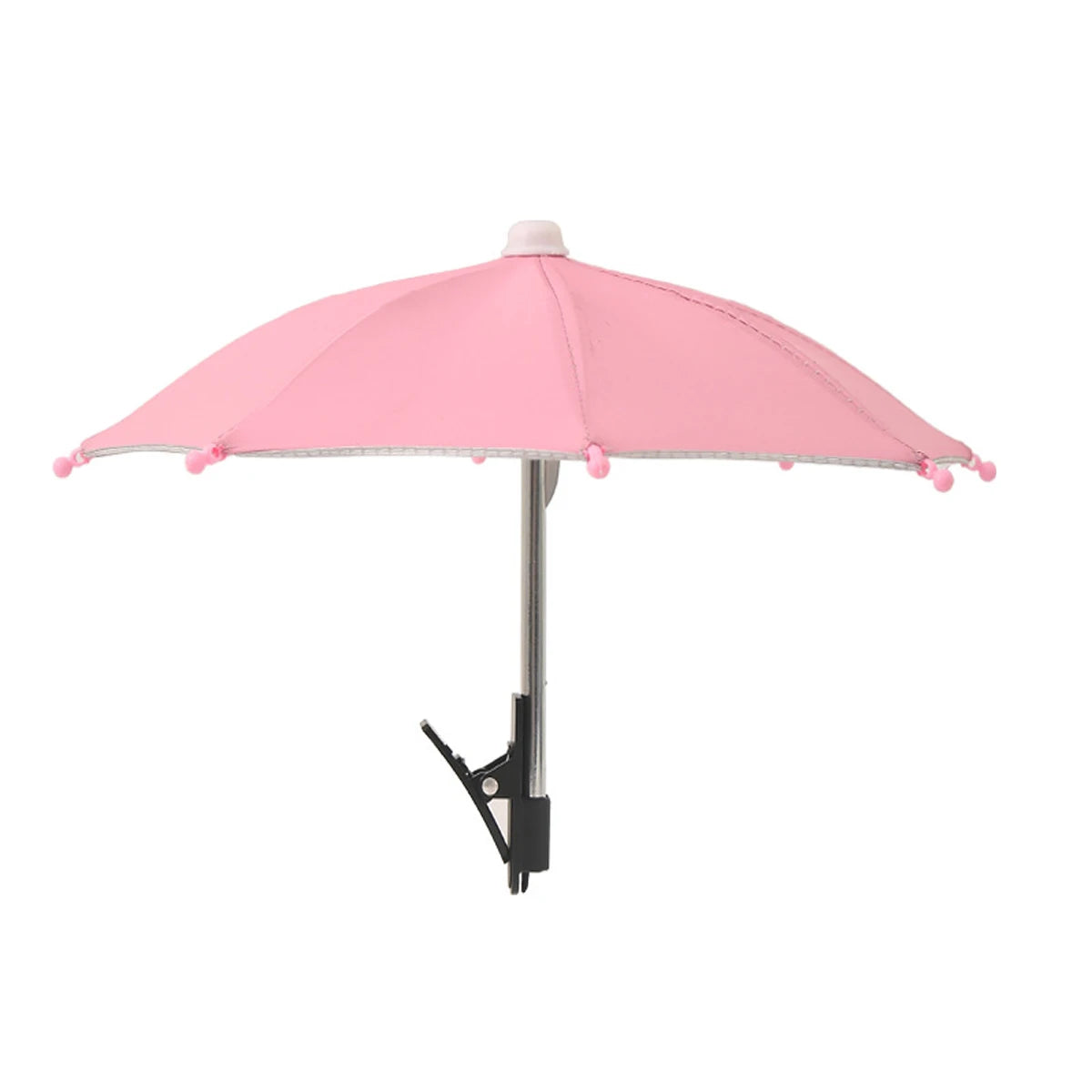 Small pink clip-on parasol with a sturdy metal stand, perfect for hands-free sun protection.