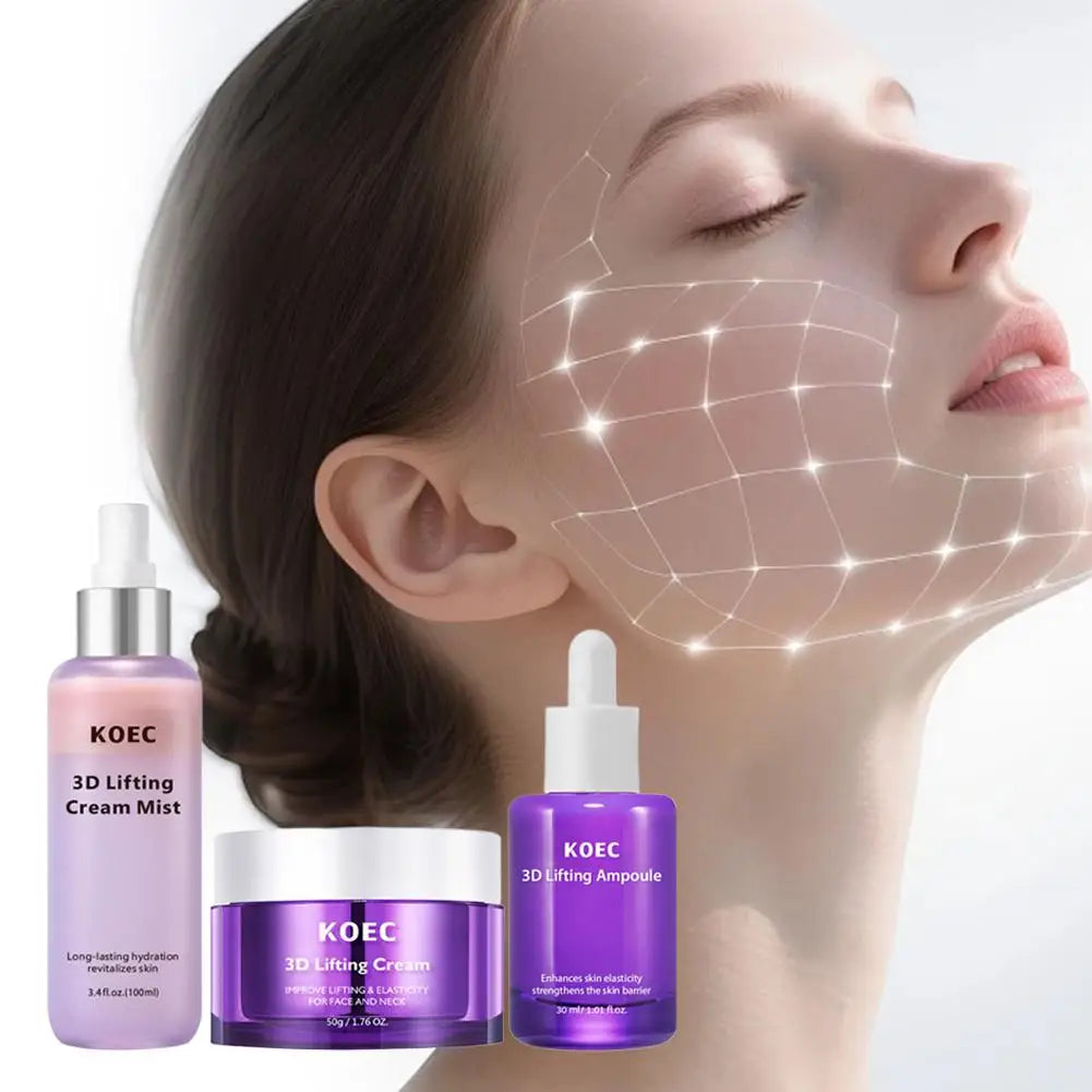 A trio of 3D lifting skincare products, including a mist, cream, and ampoule, shown with a woman’s glowing, lifted face.