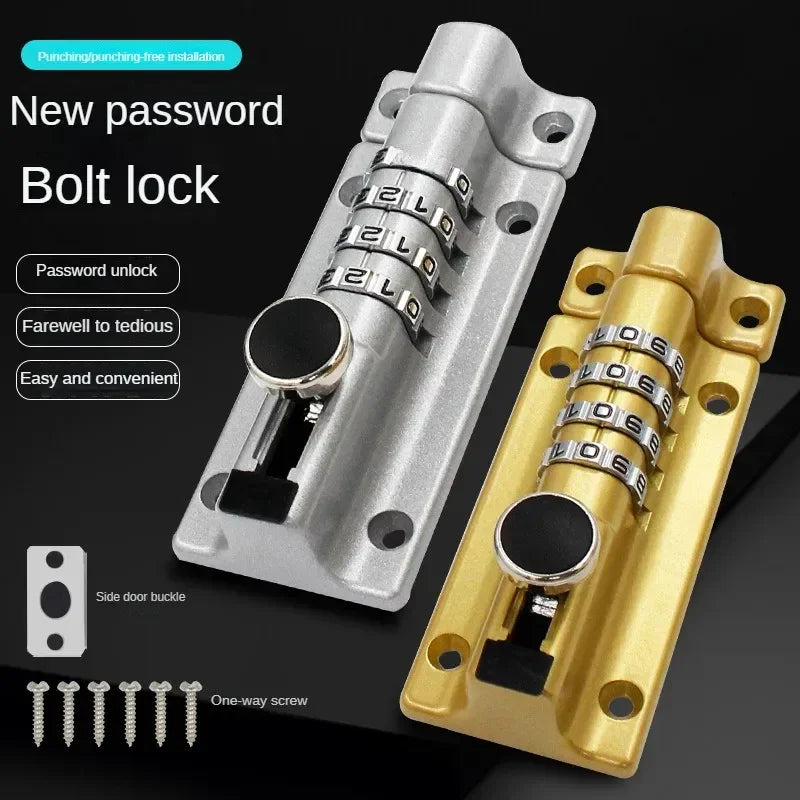 Two metal sliding bolt locks in silver and gold, featuring a four-digit combination dial and screw-in baseplate.