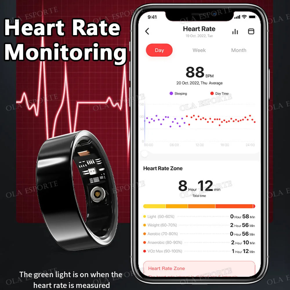 Sleek black waterproof smart health ring with internal sensors, displayed alongside a smartphone heart rate tracking app.