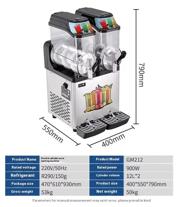Commercial double-tank stainless steel slushie machine with clear bowls, black dispensing taps and drip trays.