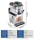 Commercial double-tank stainless steel slushie machine with clear bowls, black dispensing taps and drip trays.